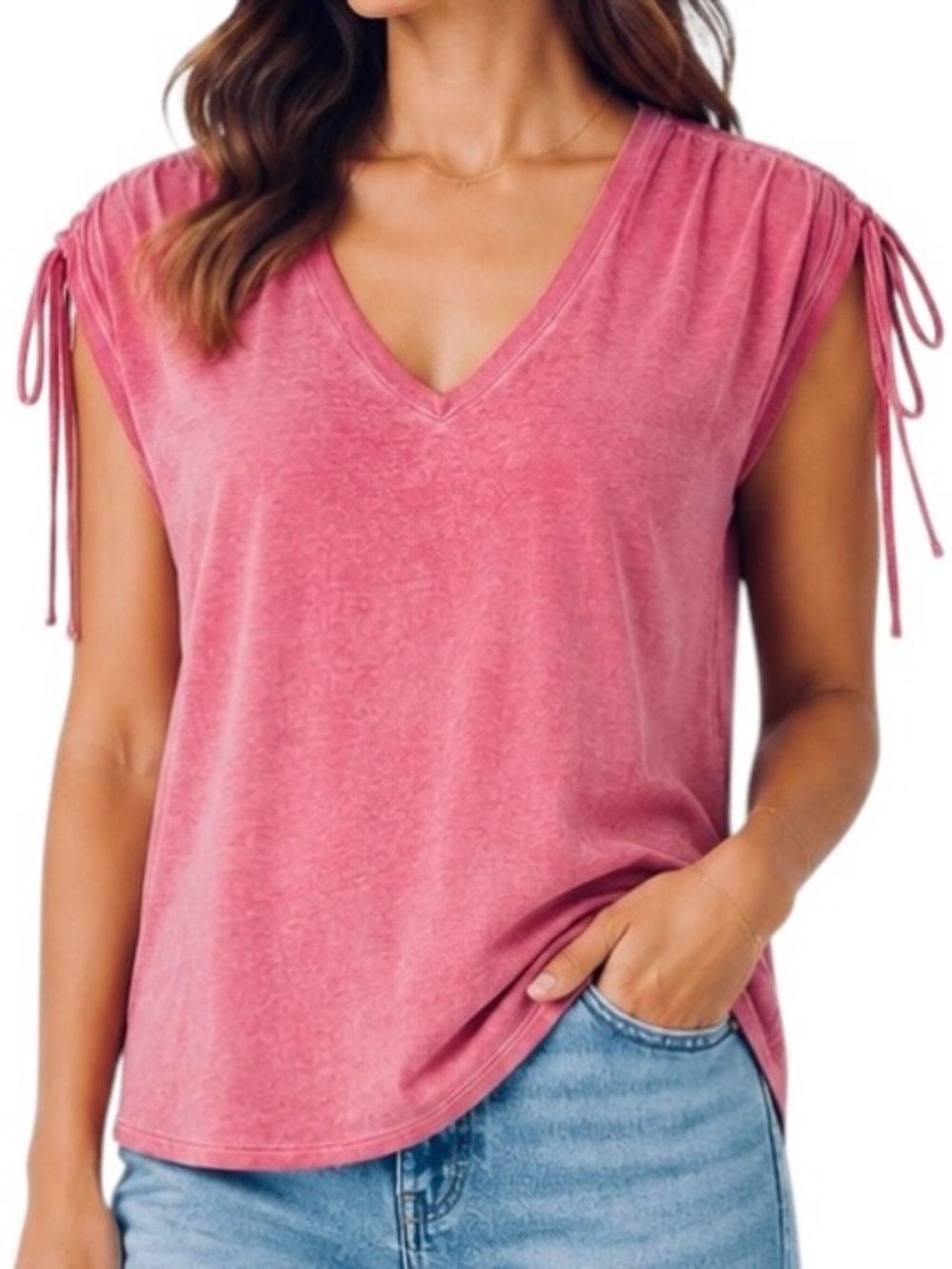 Jane & Delancey Women's Washed Pink V-Neck Drawstring Tie Cap Sleeve T-Shirt M